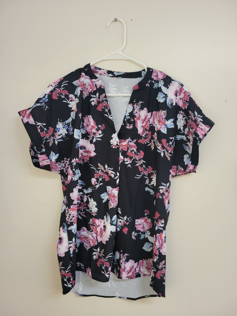 Floral Split-Neck Blouse - Black with Pink Floral